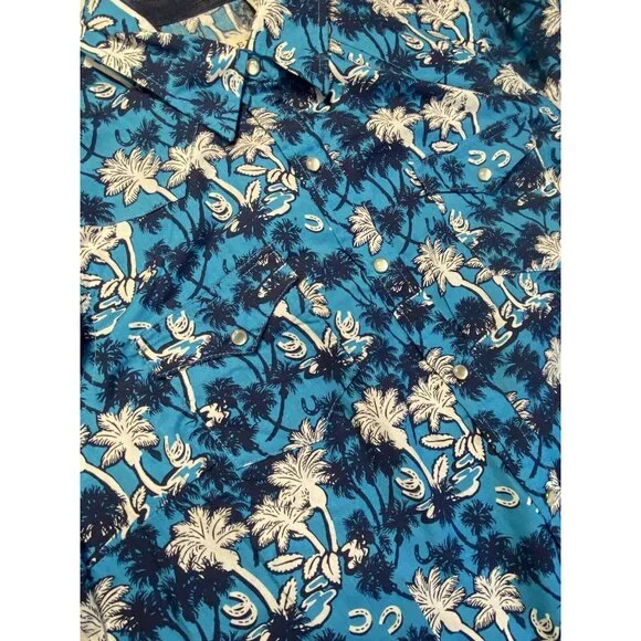 Roper Women's Blue Palm Tree Horseshoes rodeo ready Pearl Snap Western Shirt M - Picture 10 of 10